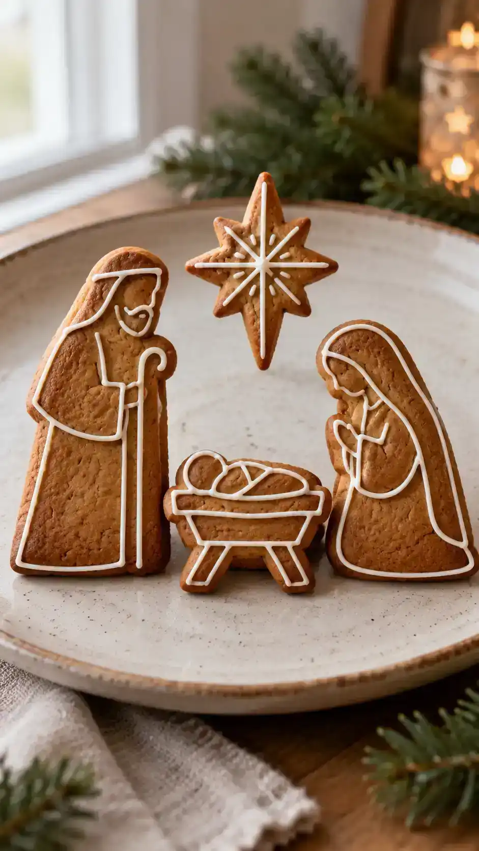 Gingerbread nativity cookies with clearly defined Christmas shapes and simple white icing details.