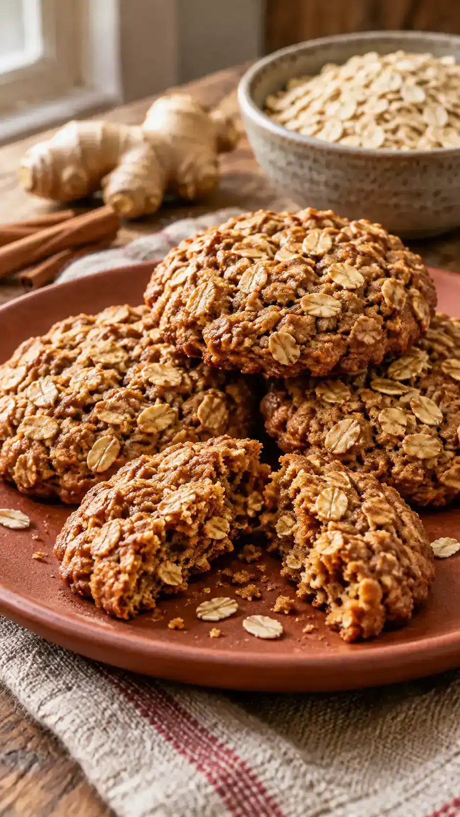 Rustic gingerbread oatmeal cookies with visible rolled oat flakes, chewy molasses centers and no chocolate chips.