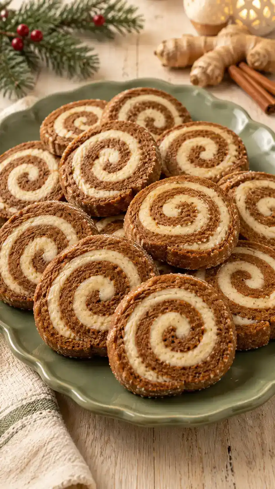 Slice-and-bake gingerbread pinwheel cookies with a clear golden molasses and pale vanilla spiral.