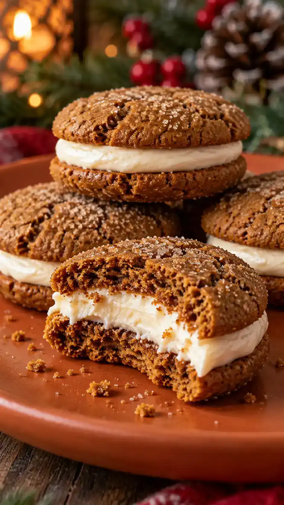 Chewy gingerbread sandwich cookies with a thick cream cheese filling, warm molasses spice and soft, matching cookie halves.