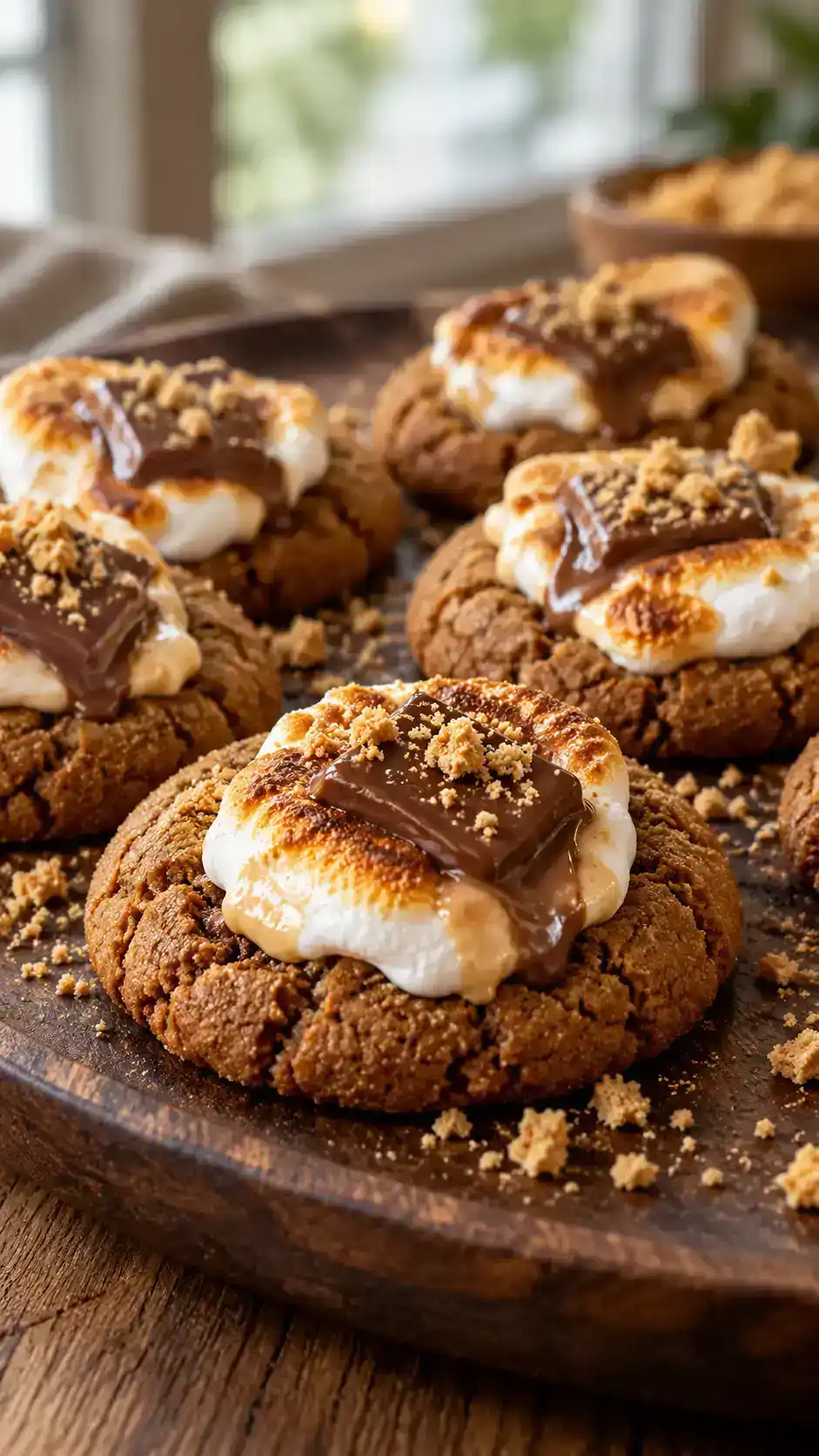 Gingerbread s’mores cookies topped with a puffed toasted marshmallow, melted milk chocolate and a little graham cracker crunch.