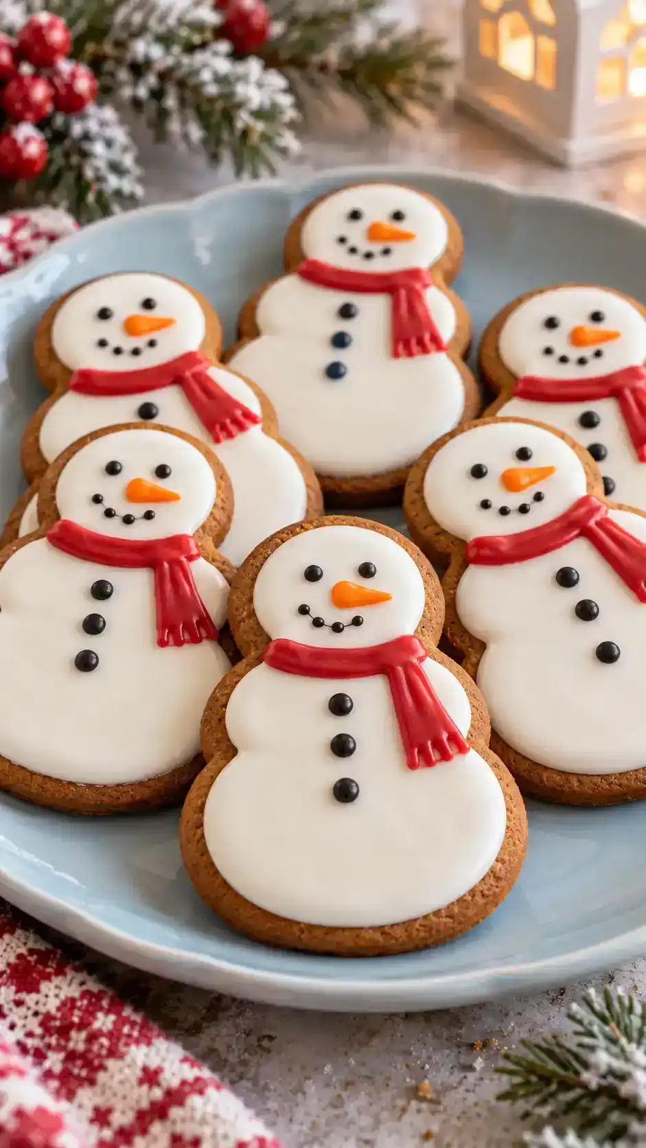Gingerbread snowman cookies with white icing bodies, orange carrot noses, black buttons and cheerful red scarves.