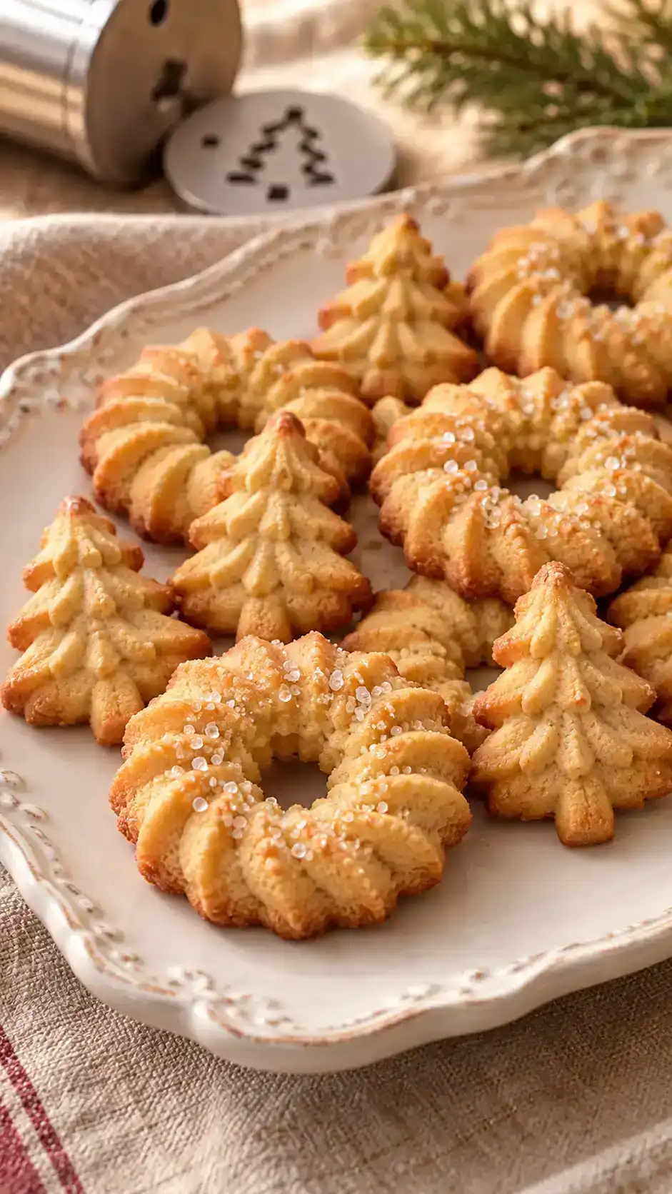 Golden gingerbread-spiced spritz wreaths and Christmas trees with clearly defined cookie-press ridges and sparkling sugar.