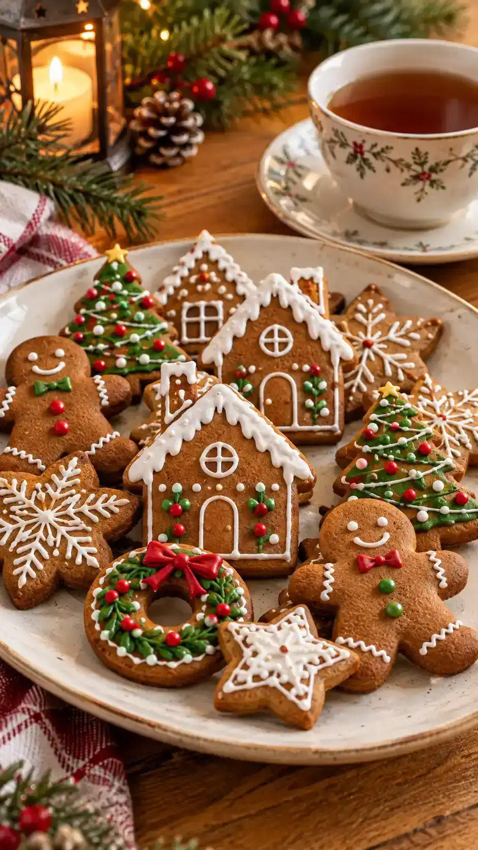 A gingerbread village cookie platter of flat snowy houses, green Christmas trees and cheerful gingerbread people with coordinated icing details.