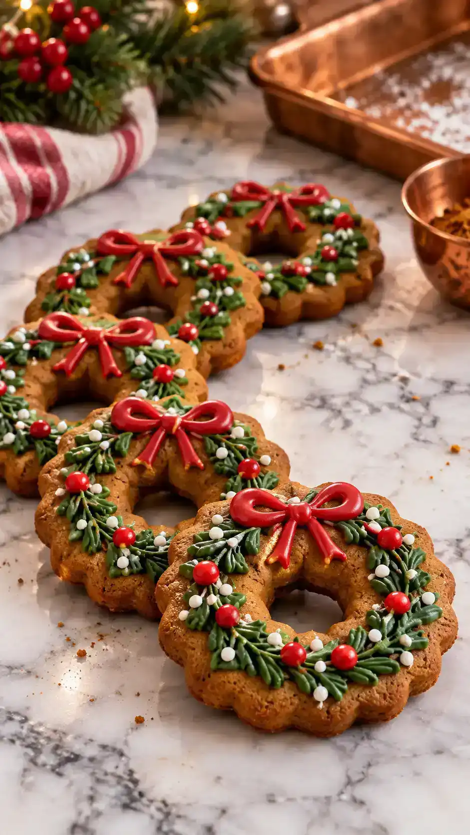Gingerbread wreath cookies with open centers, raised green icing leaves, red berry dots and bright red Christmas bows.