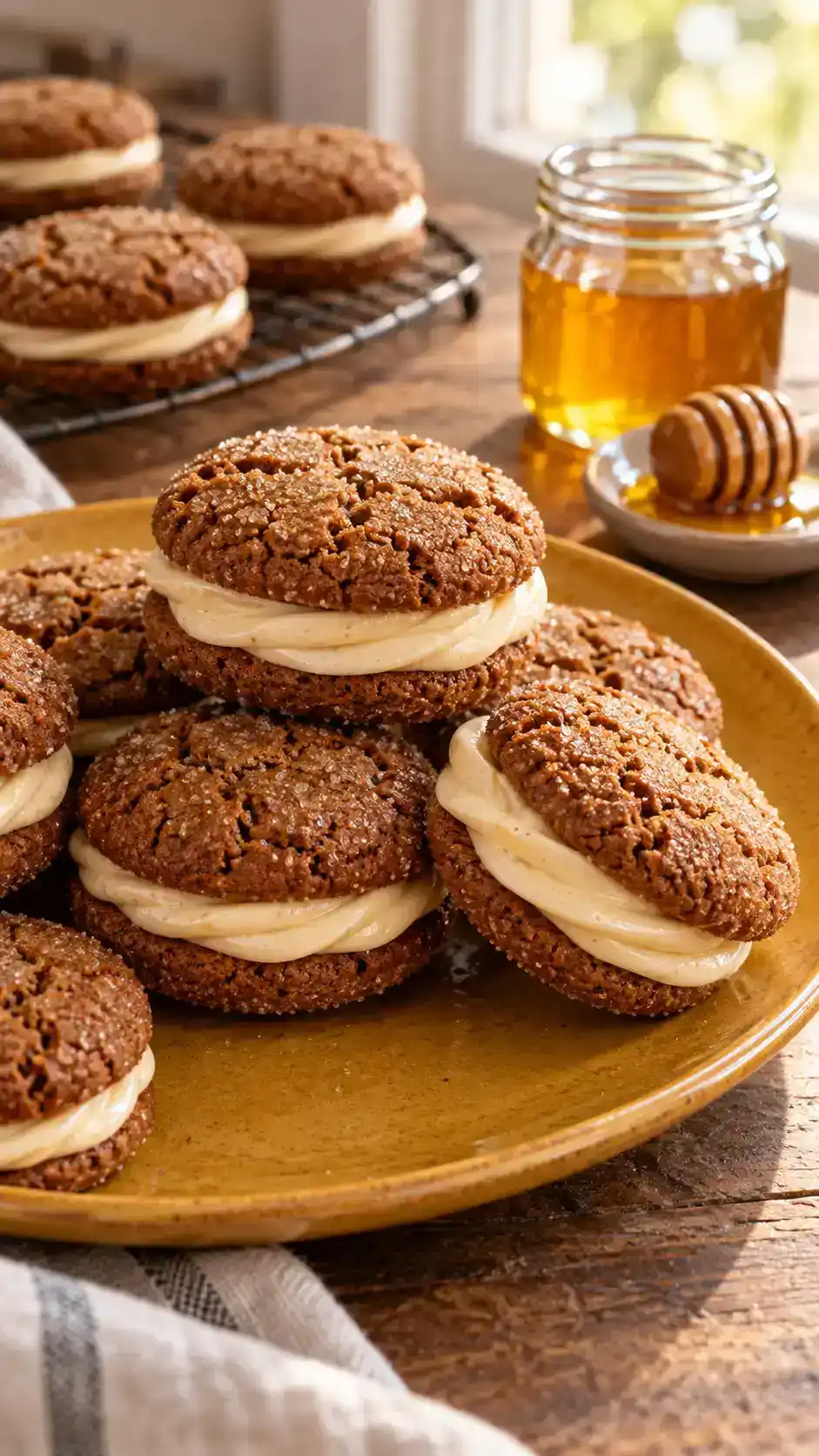 Honey gingerbread sandwich cookies with a pale honey buttercream center between tender round cookie halves.