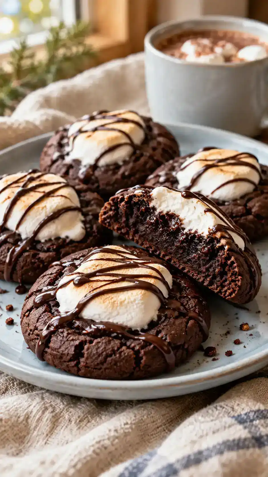 Dark chocolate gingerbread-spiced cookies topped with softened marshmallow halves and thin chocolate drizzles for a clear hot-cocoa finish.