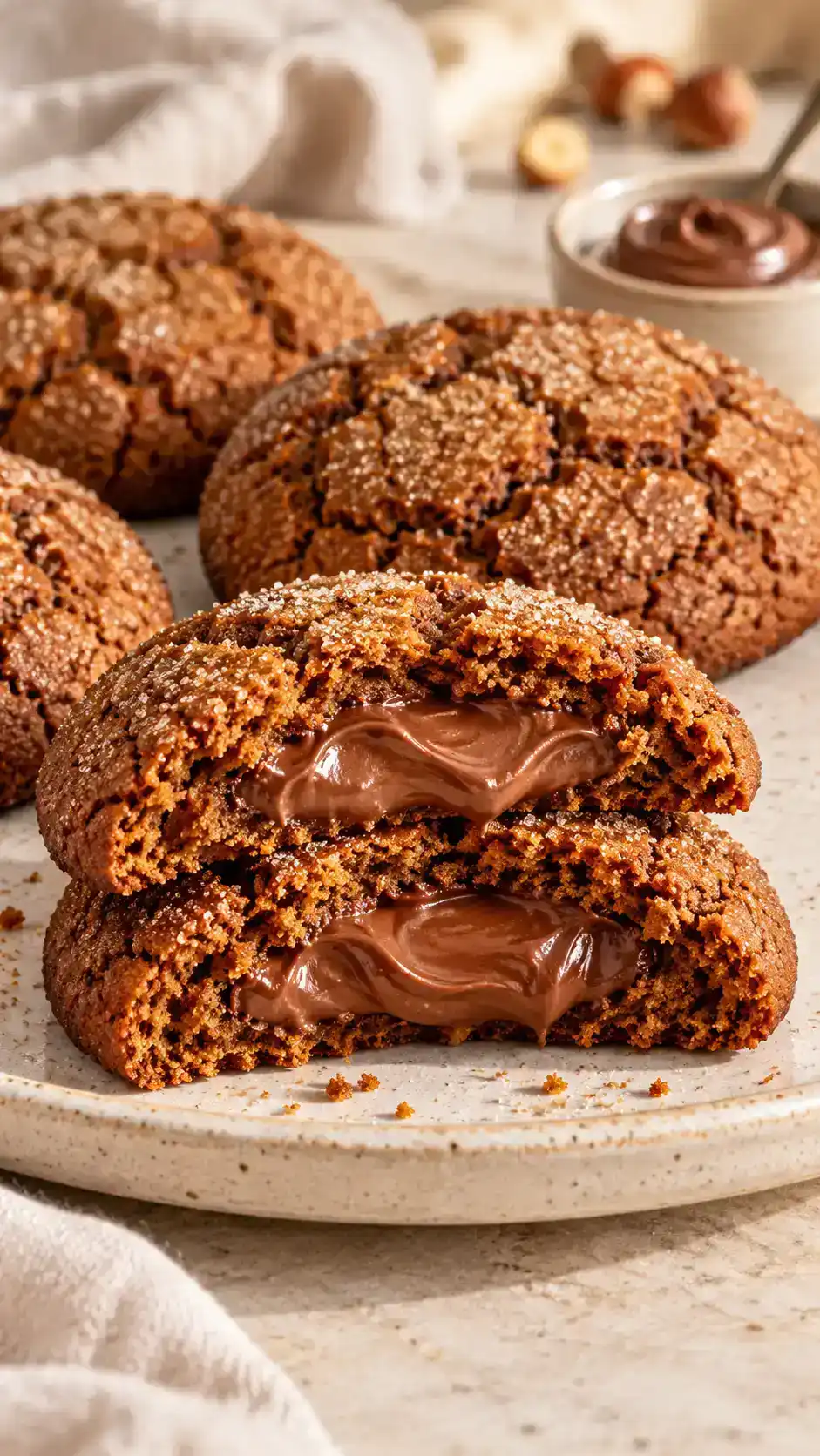 Nutella-stuffed gingerbread cookies with a glossy chocolate-hazelnut center fully enclosed inside one chewy spiced cookie.