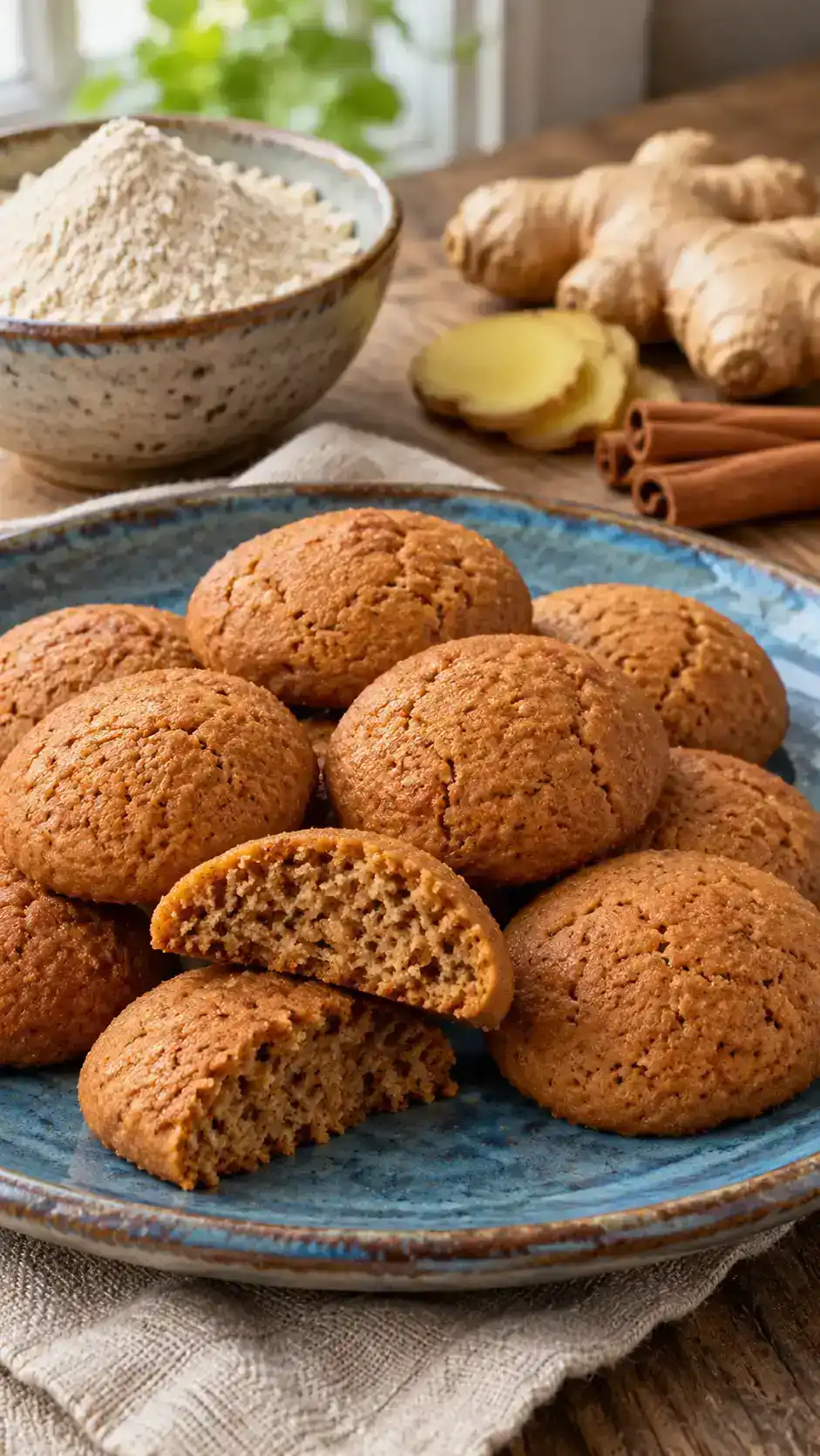 Soft oat-flour gingerbread rounds with molasses, applesauce and a fine tender crumb, made without wheat flour or butter.