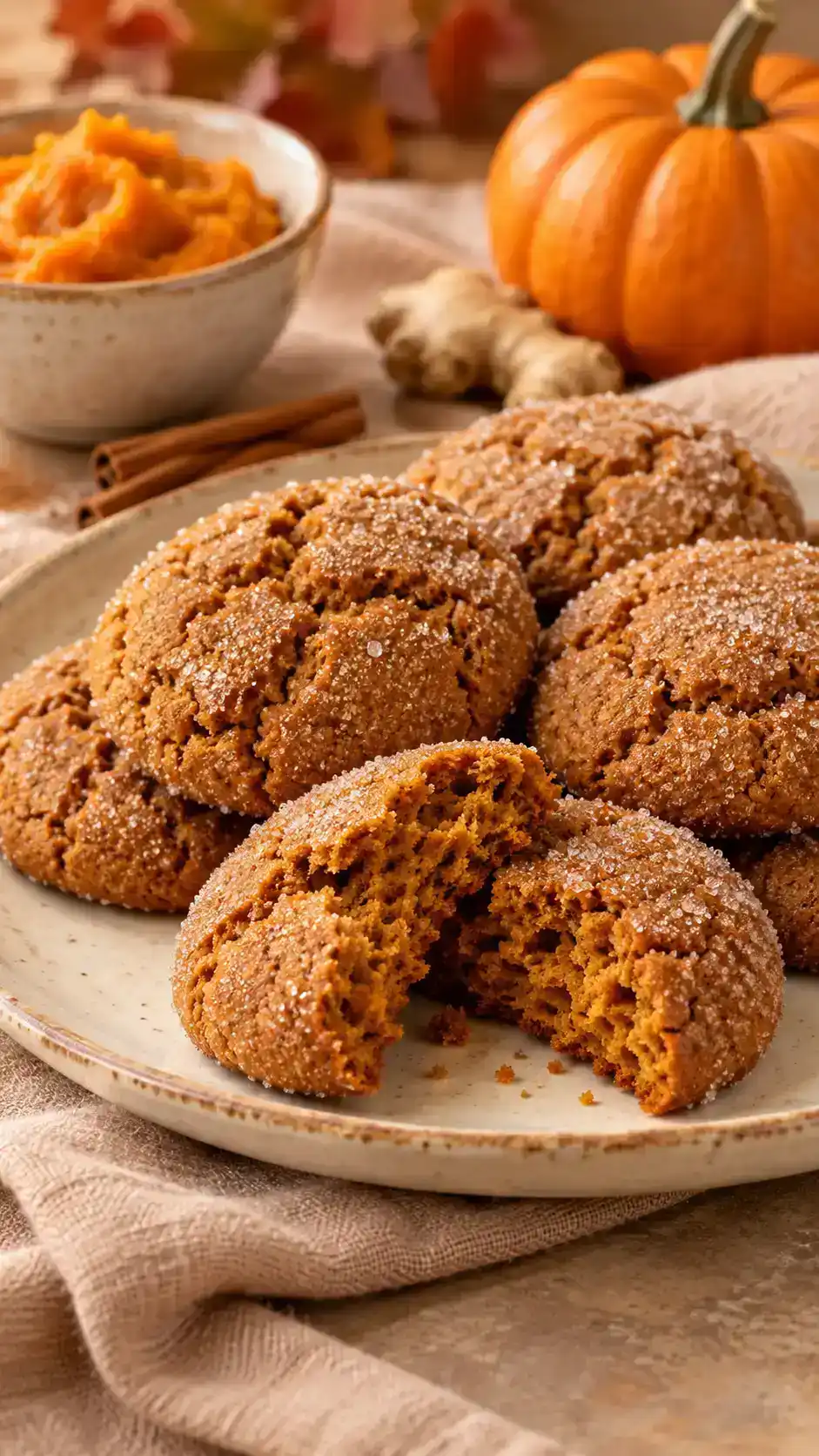 Soft pumpkin molasses gingerbread drop cookies with a warm orange-brown crumb and sparkling sugar-coated crinkle tops.