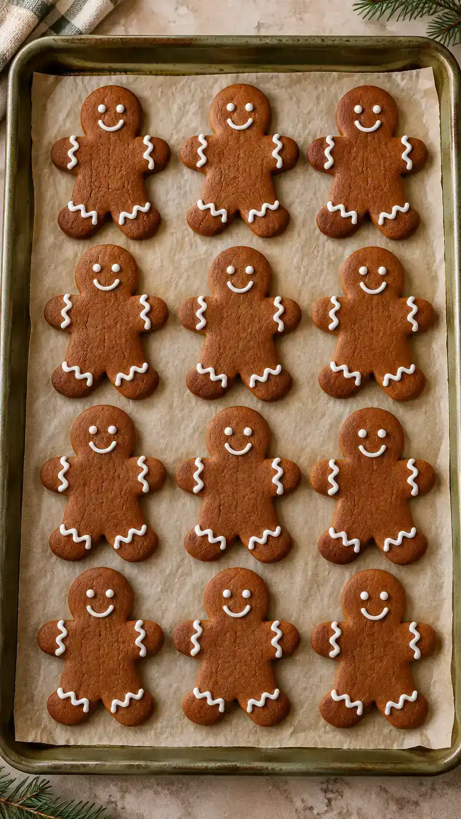 Thin crisp vegan gingerbread men with molasses, ground flaxseed and warm spices, ready for simple egg-free icing details.