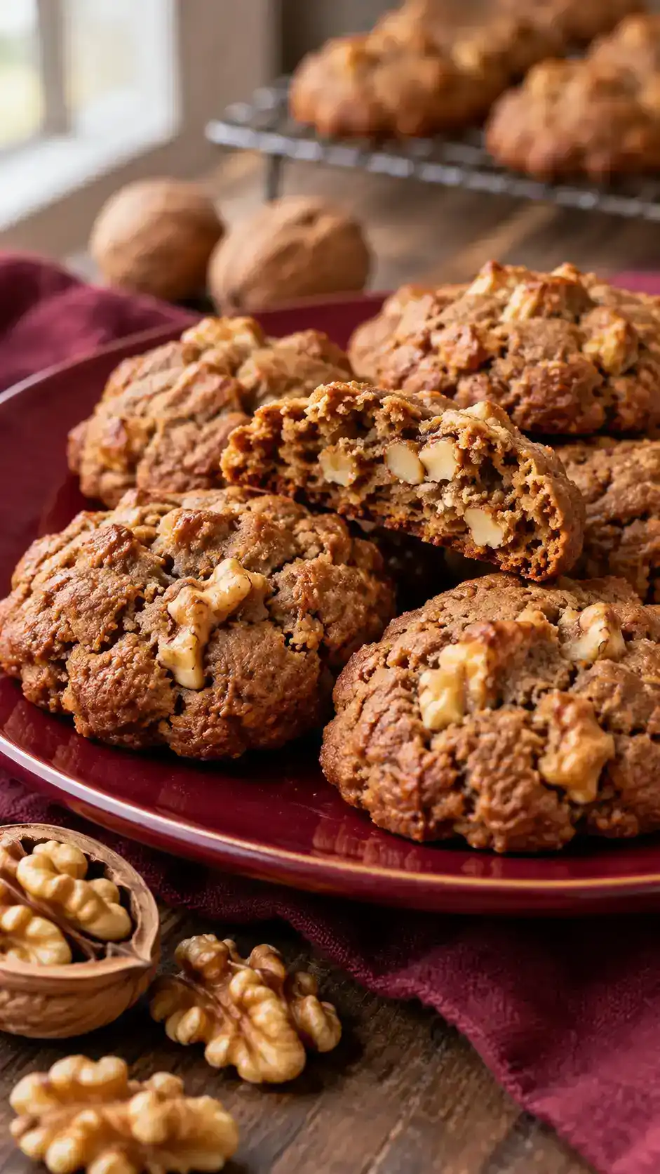 Chewy gingerbread drop cookies with visible toasted walnut pieces and deep molasses spice.