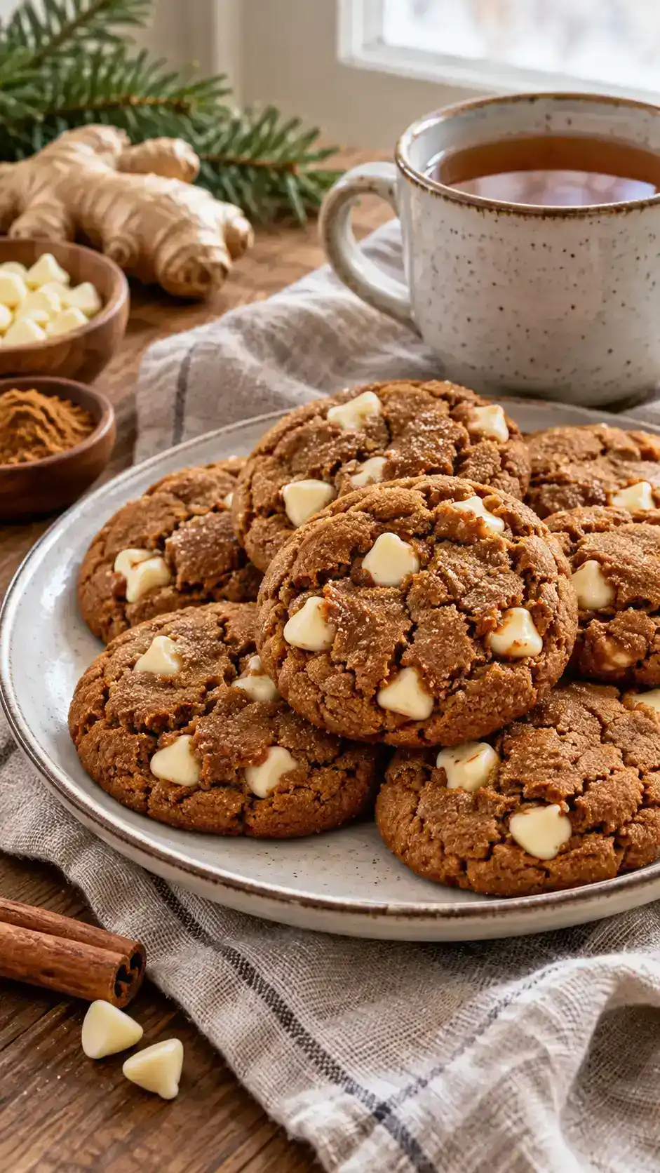 Chewy molasses gingerbread drop cookies with visible creamy white chocolate chips baked throughout the dough.