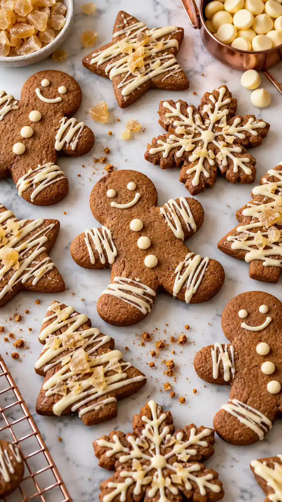 Gingerbread cut-outs finished with a creamy white chocolate drizzle and finely chopped crystallized ginger.