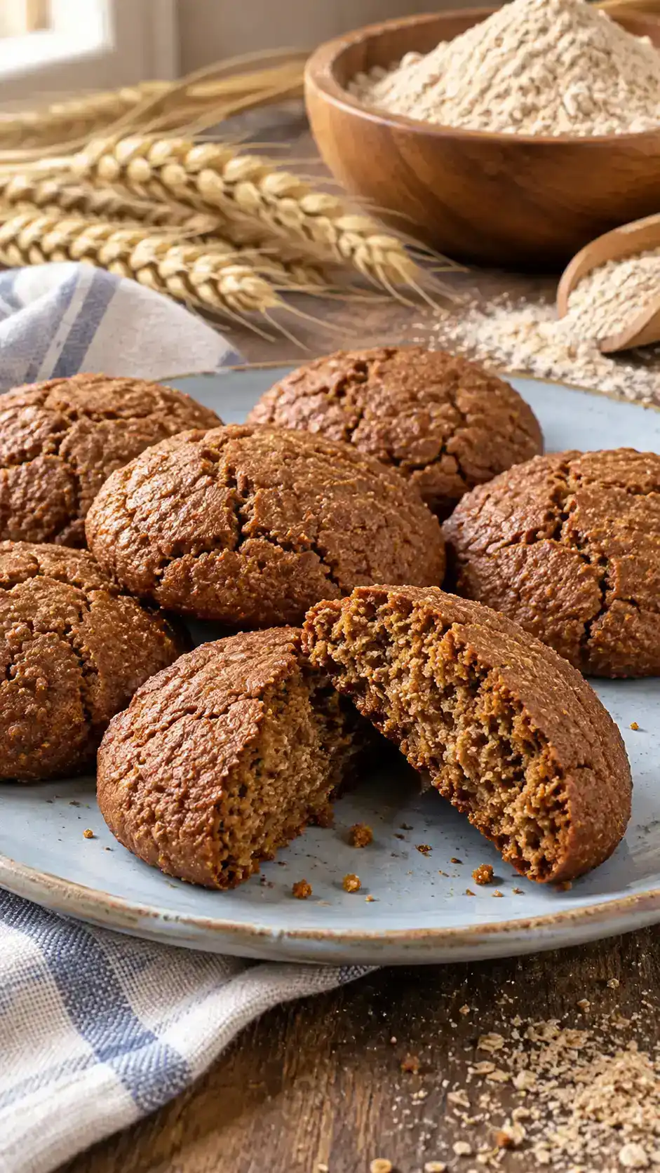 Soft whole-wheat gingerbread drop cookies with a rustic bran-speckled crumb and a balanced whole-wheat and all-purpose flour blend.