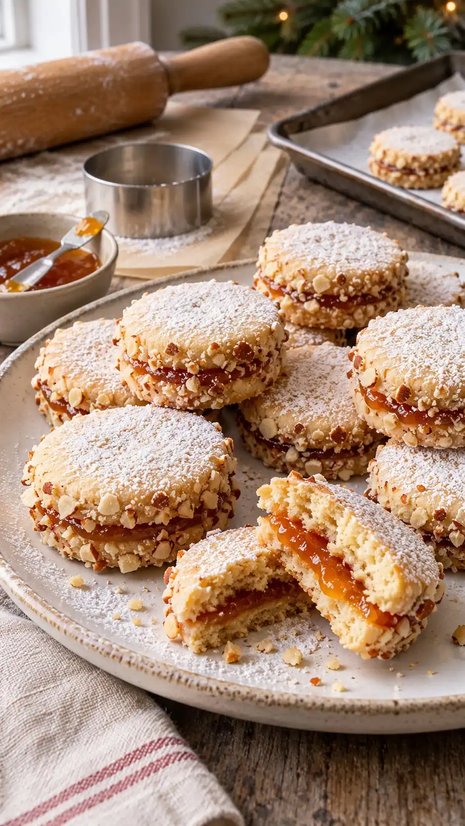Solid almond-butter discs paired around a thin apricot-jam layer, an Italian-style home sandwich cookie.