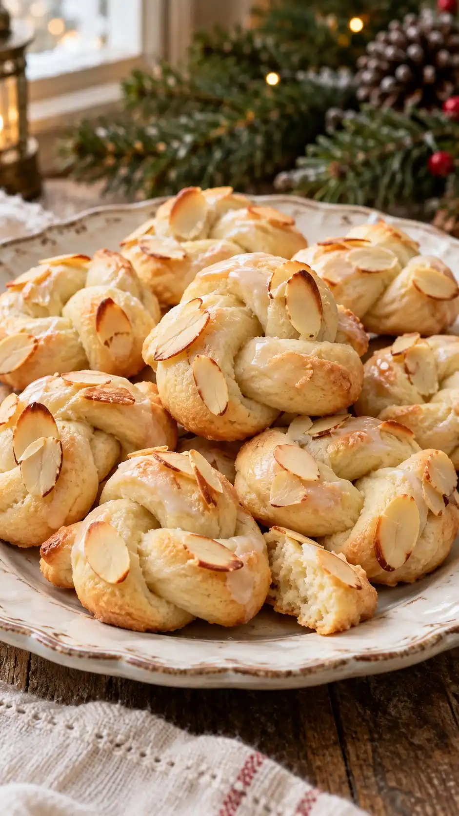 Tender almond-scented dough knots with sliced almonds and a light sugar glaze, an Italian-style home adaptation.