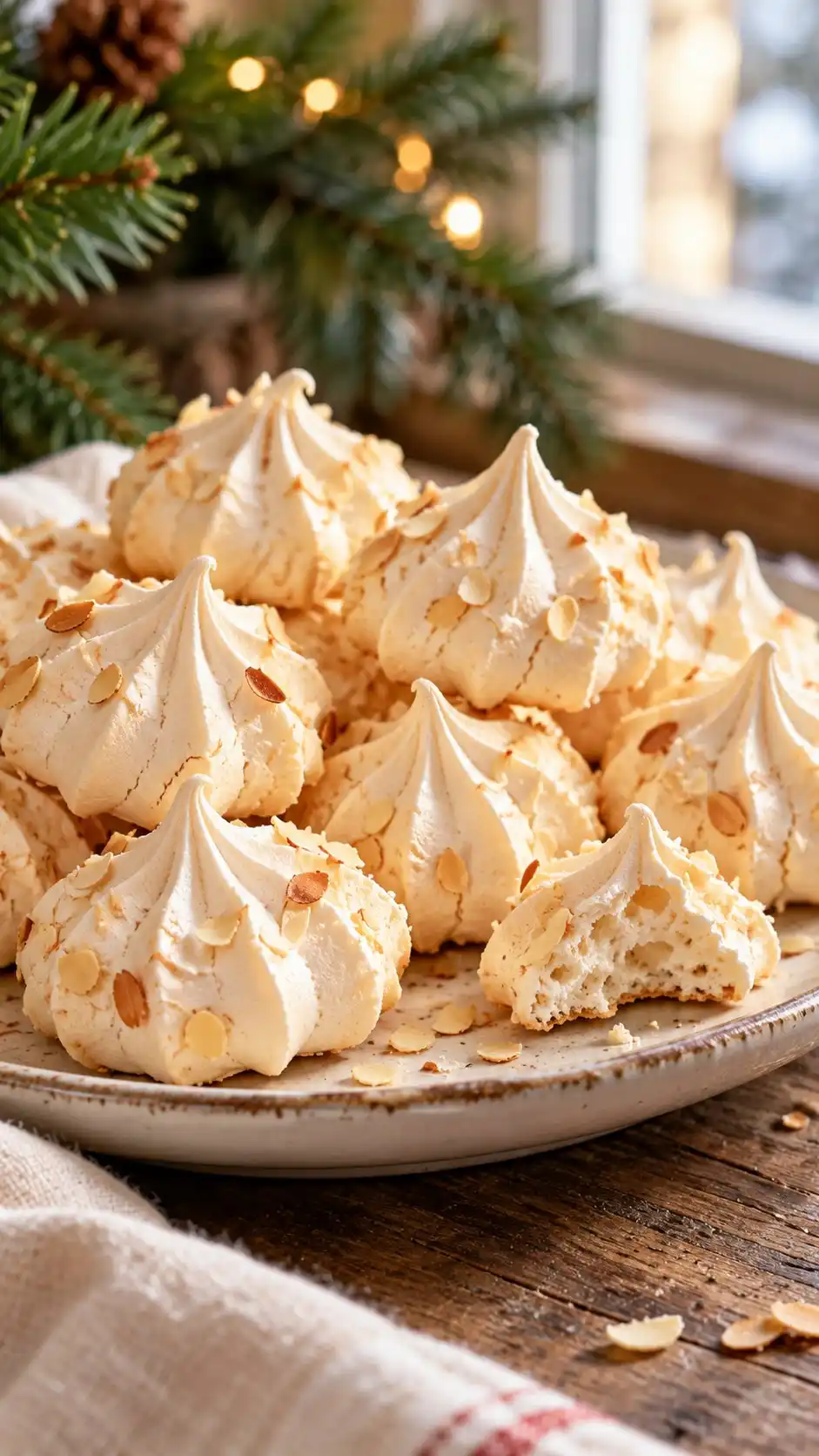 Star-piped crisp meringues with almond aroma and finely broken almond flakes on top, an Italian-style home variation.