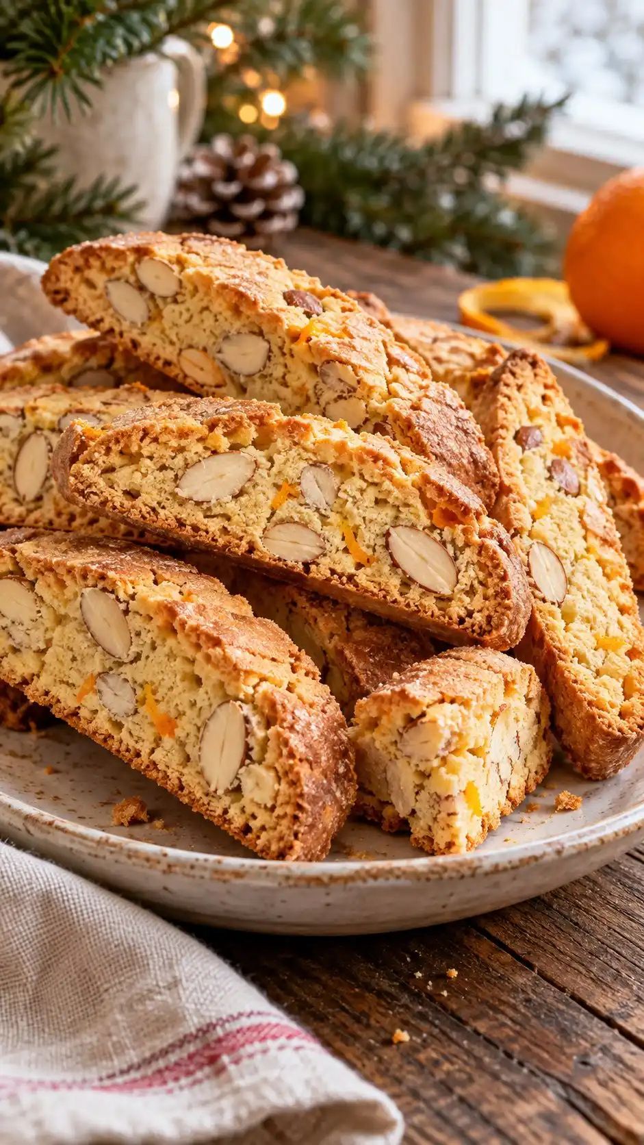 Golden almond biscotti with fragrant orange zest and crisp, diagonally sliced edges.