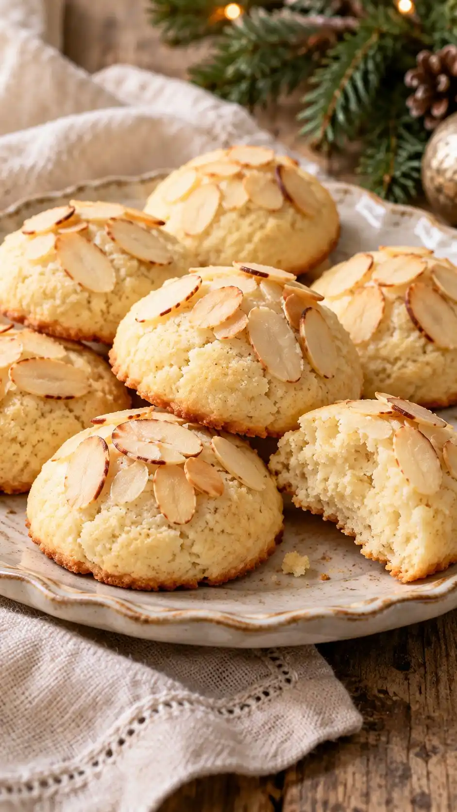 Soft ricotta cookies with almond flour and lightly toasted sliced-almond crowns, a home adaptation rather than almond paste biscuits.