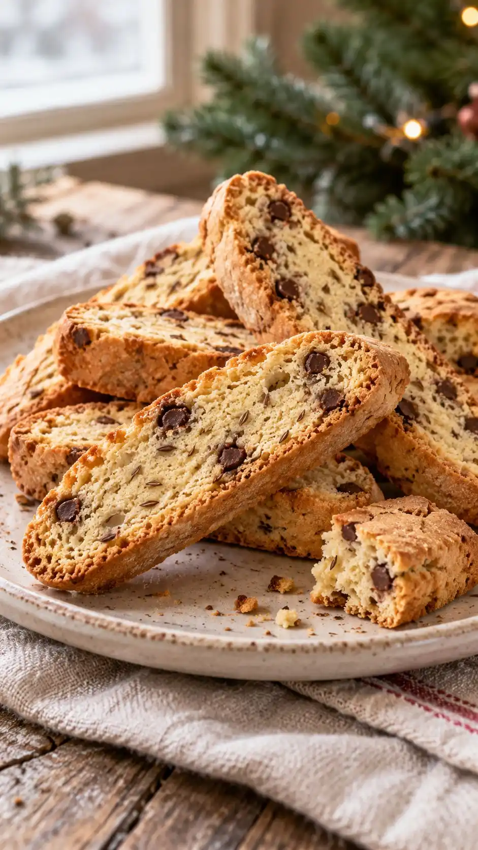 An Italian-style crisp twice-baked cookie with lightly crushed anise seeds and small dark chocolate pockets.