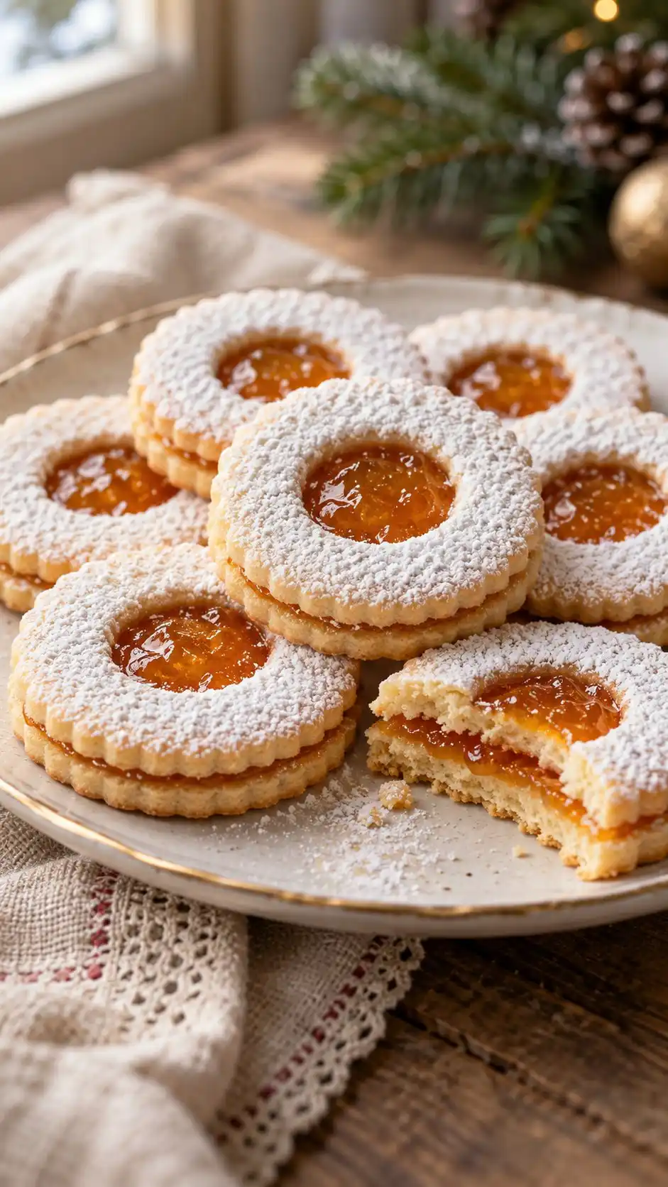 Small cutout frollini sandwiches with apricot centers showing through round windows and a fine sugar dusting.