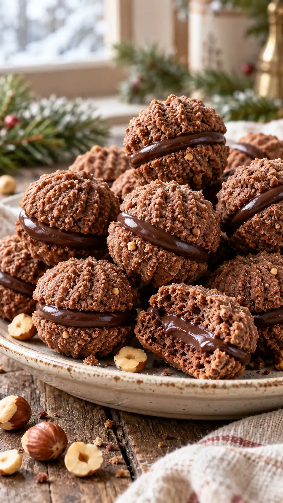 Ridged cocoa-hazelnut kisses joined with a dark-chocolate ganache, inspired by Alassio's pastry tradition.