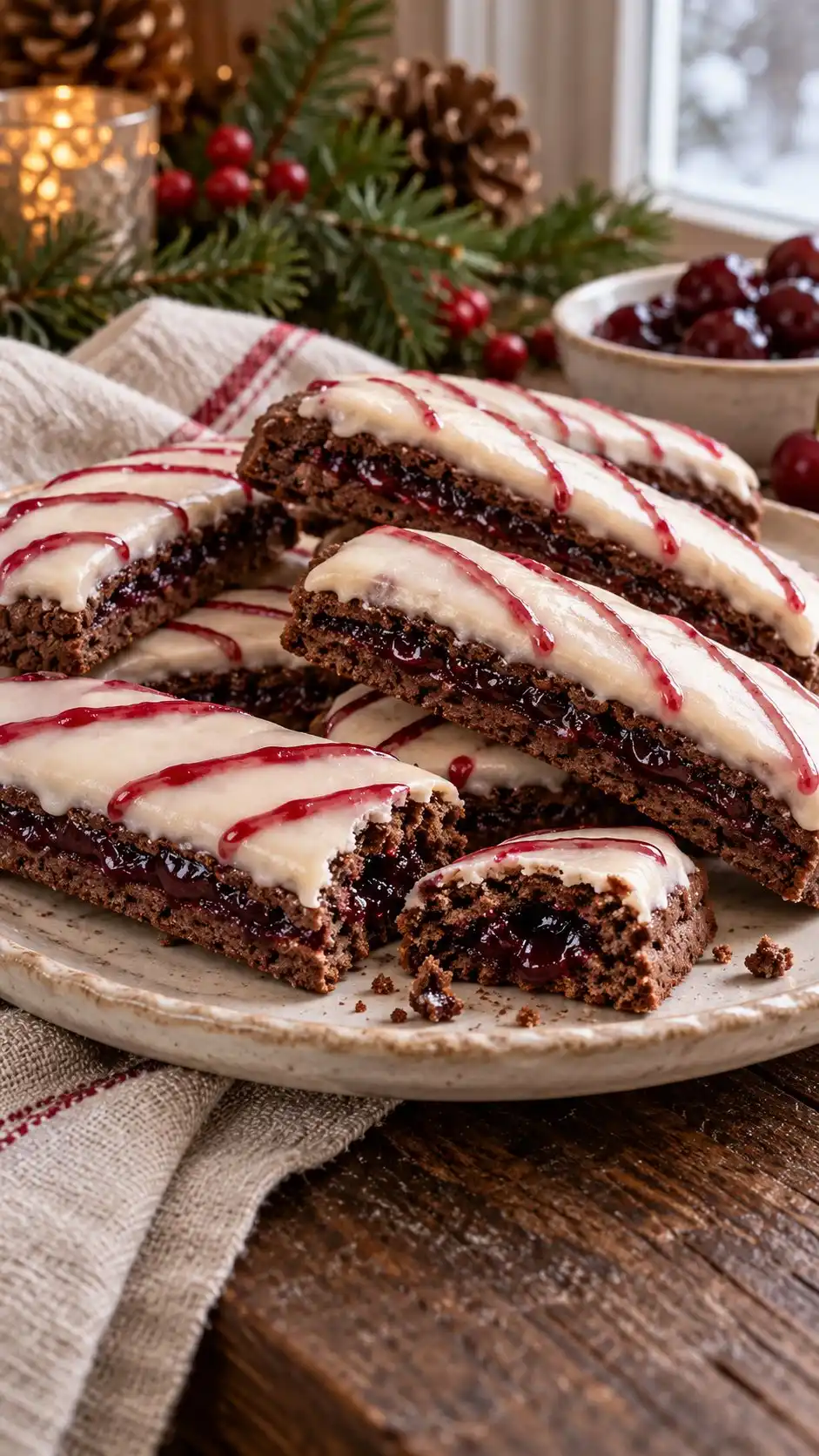 Neapolitan-style rectangular shortcrust pastries around a cocoa and sour-cherry cake-crumb filling, with a baked white glaze.