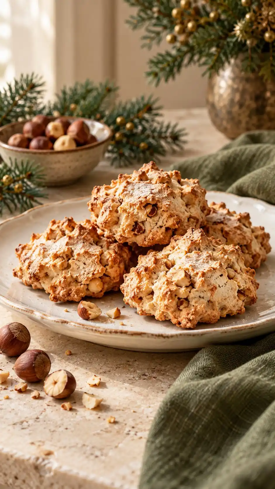 Rough-edged hazelnut meringue cookies with a crisp shell and a chewy middle.
