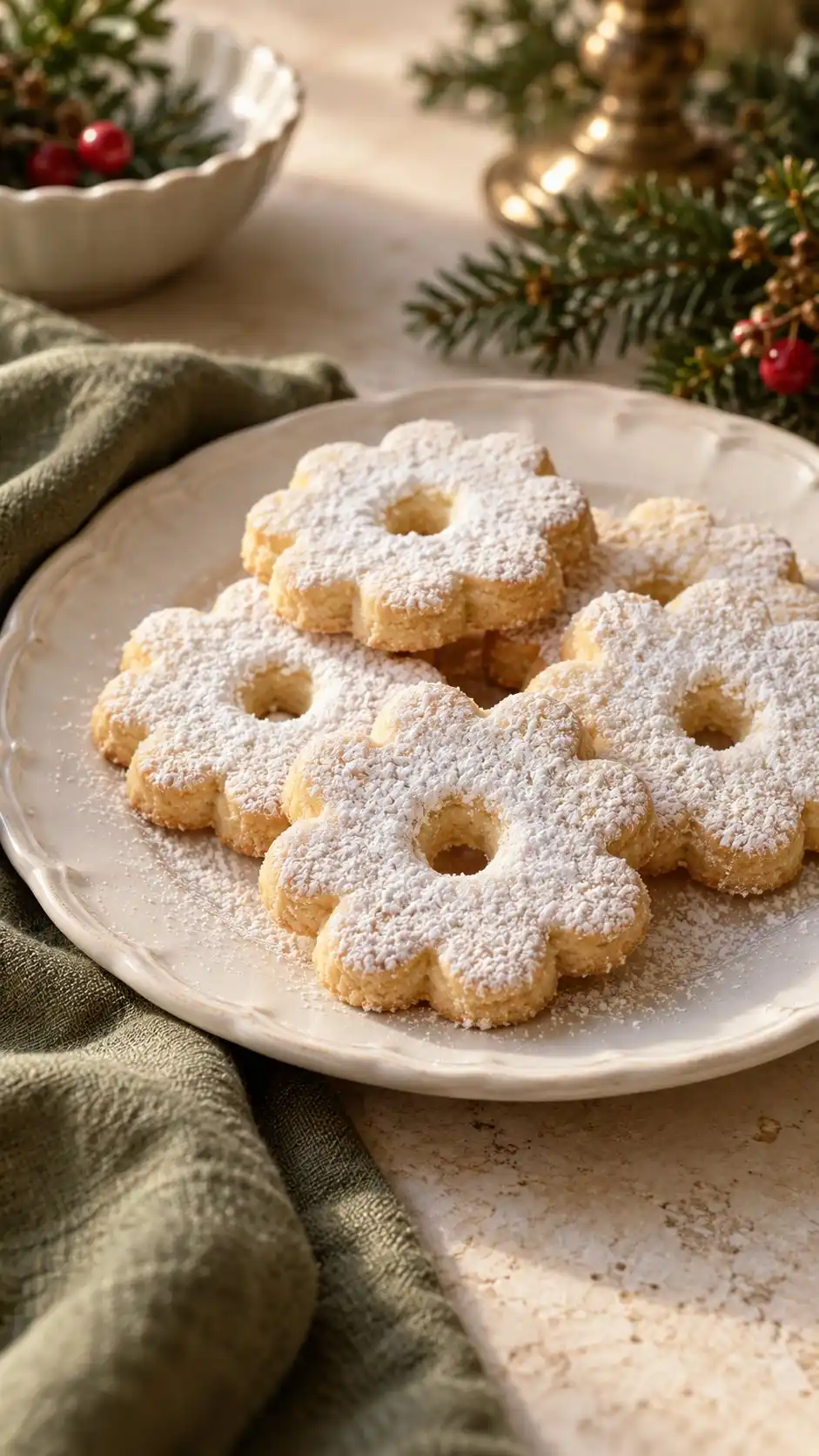 Delicate flower-shaped butter cookies with a center hole and a snowy sugar finish.