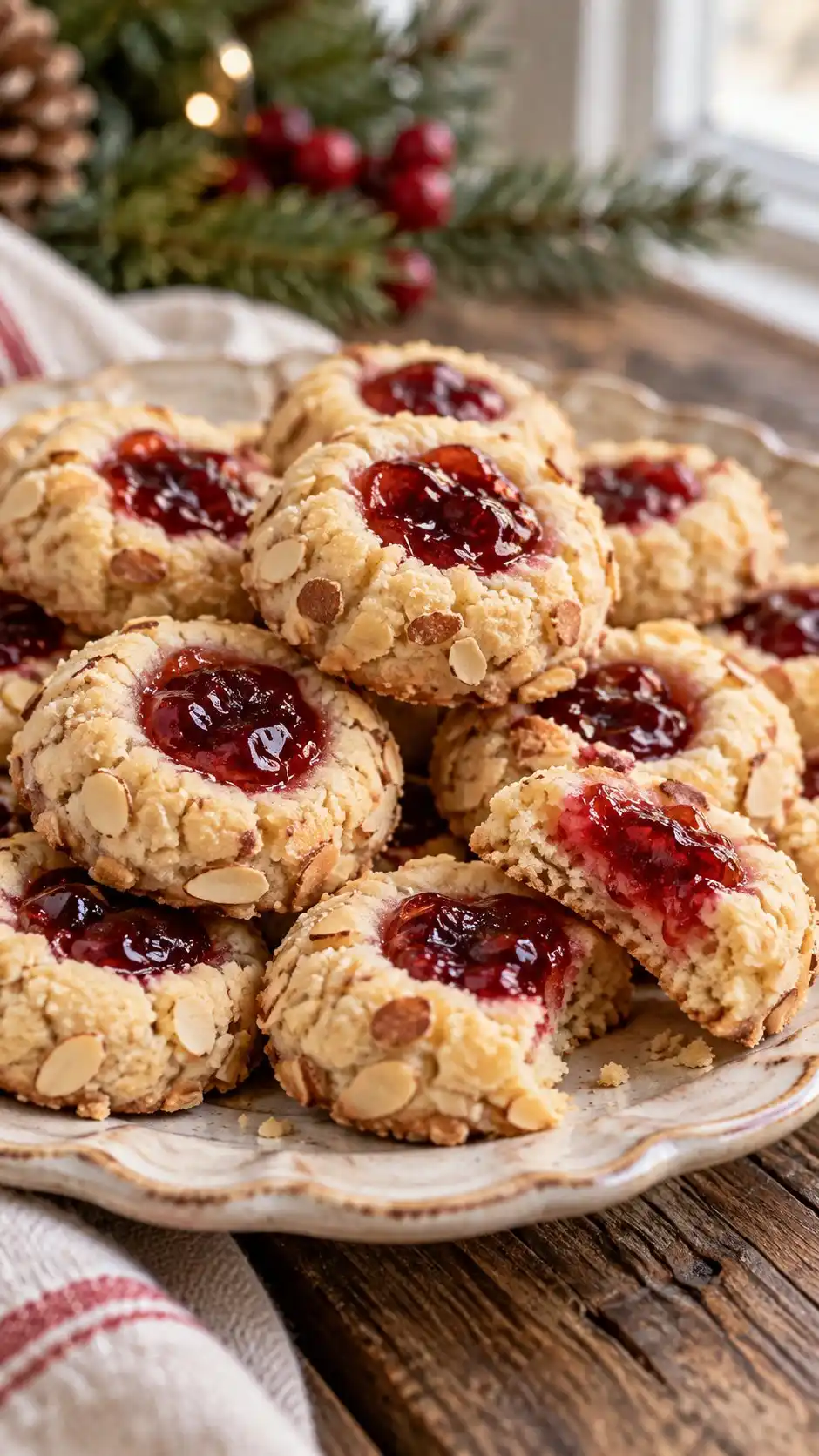 Tender almond-butter cookies with small baked wells of cherry preserves, a home variation on Italian jam-filled butter cookies.