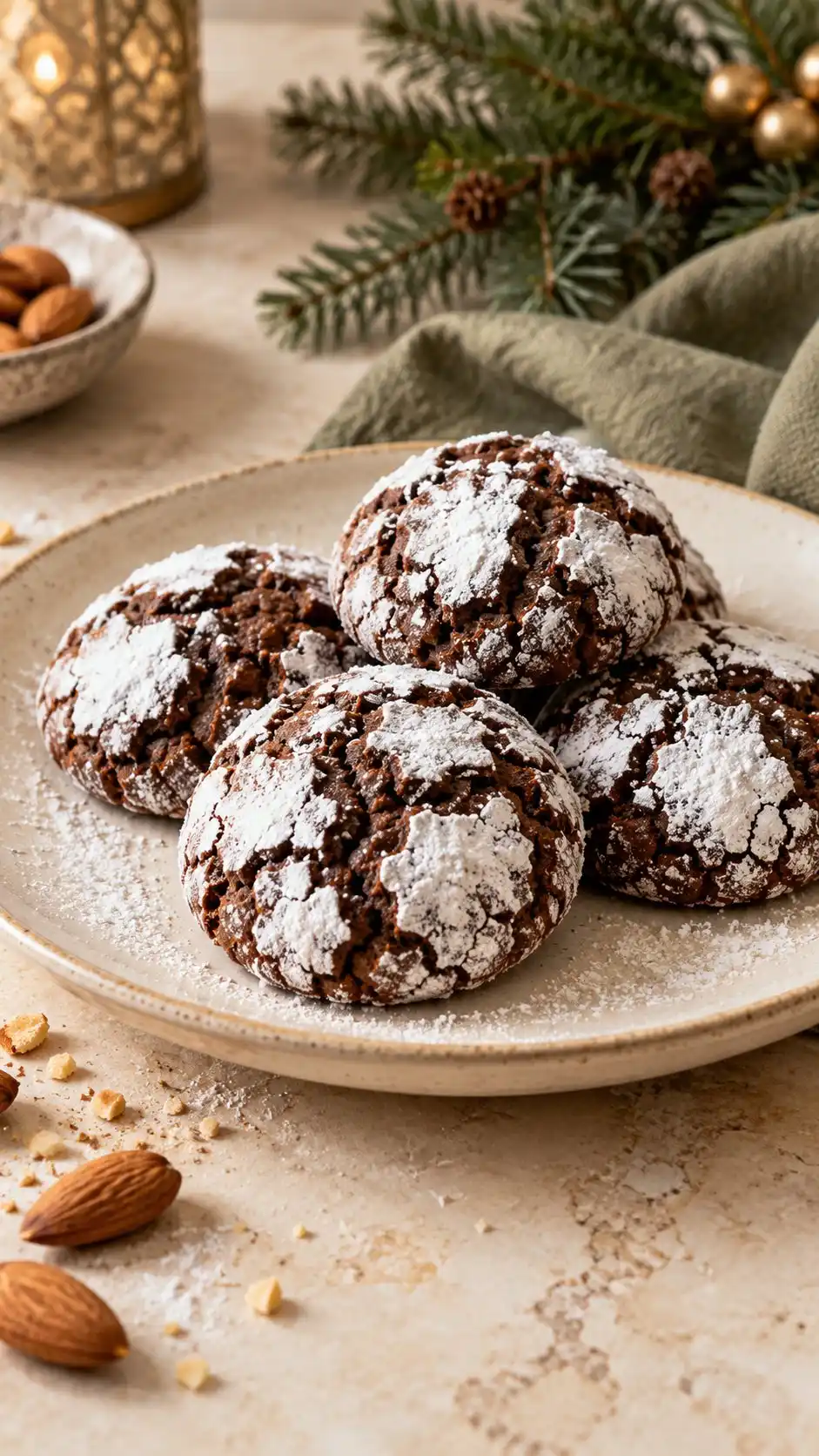Chewy cocoa almond cookies with a cracked powdered sugar shell.