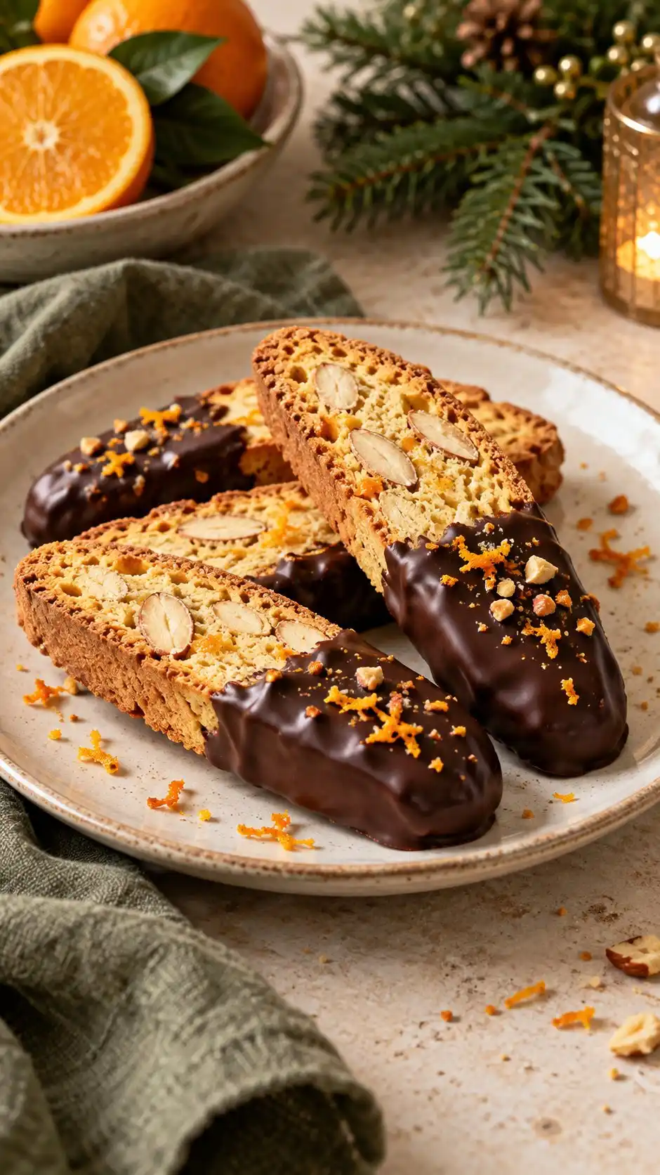 Orange almond biscotti with a neat dark chocolate dip.