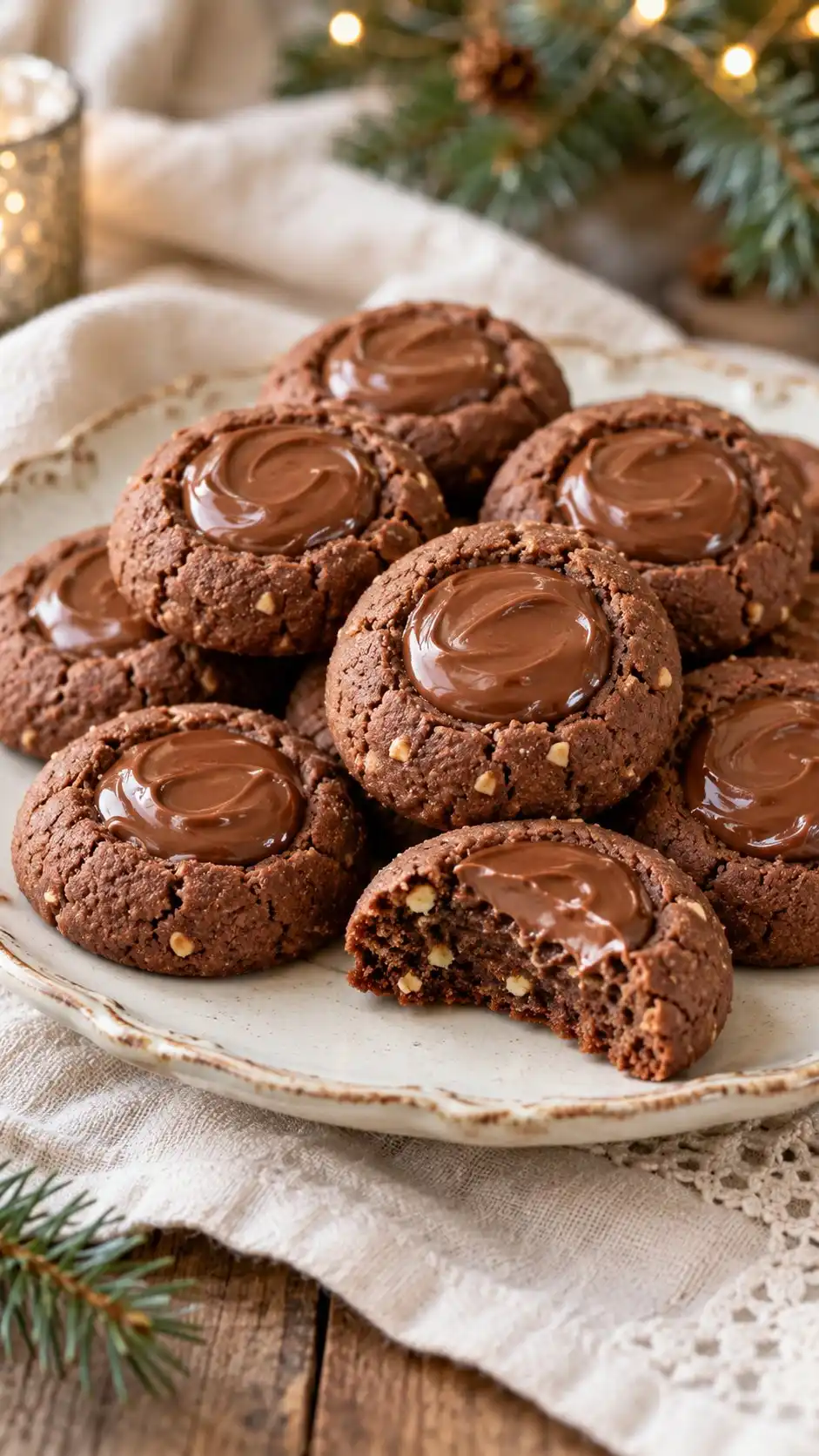 Cocoa-hazelnut butter cookies with soft-edged wells of chocolate-hazelnut spread added after baking.