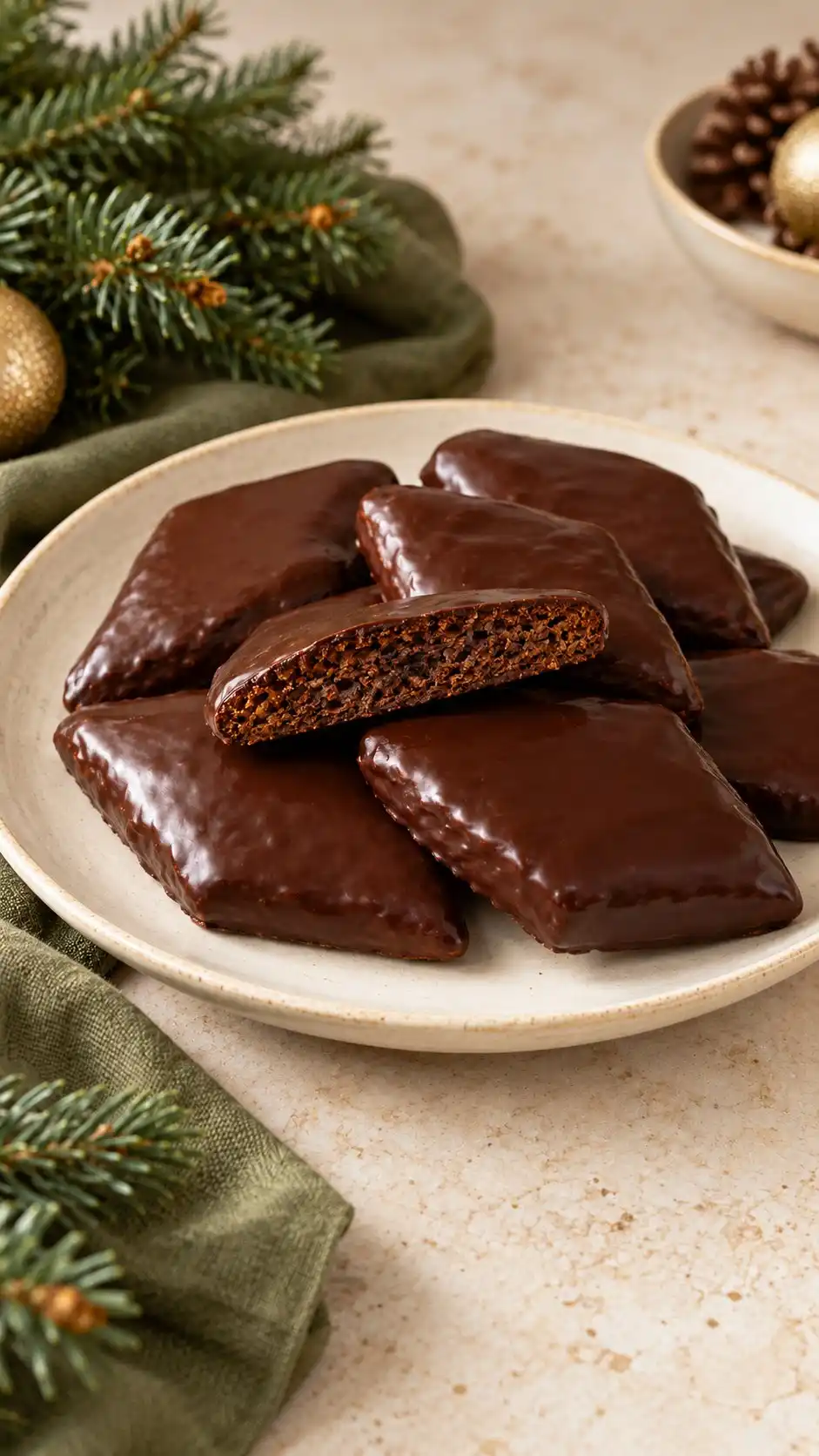 Diamond-shaped cocoa and orange spice cookies finished with dark chocolate.