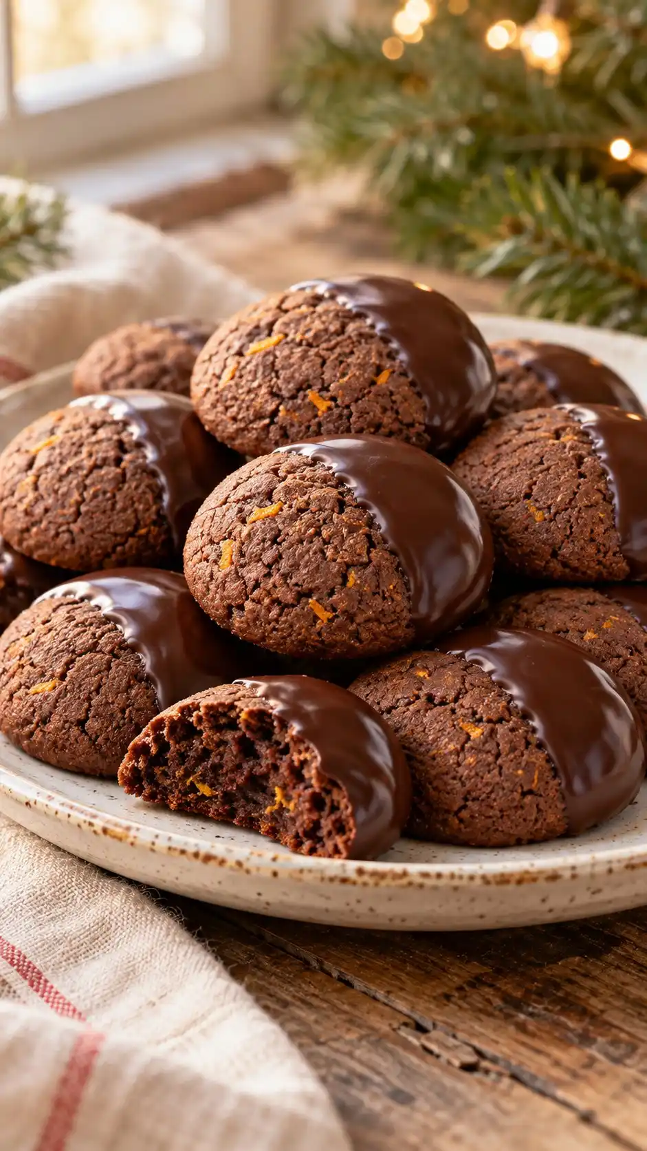 Soft cocoa-orange ricotta cookies with a small dark chocolate edge dip, an Italian-style home adaptation.
