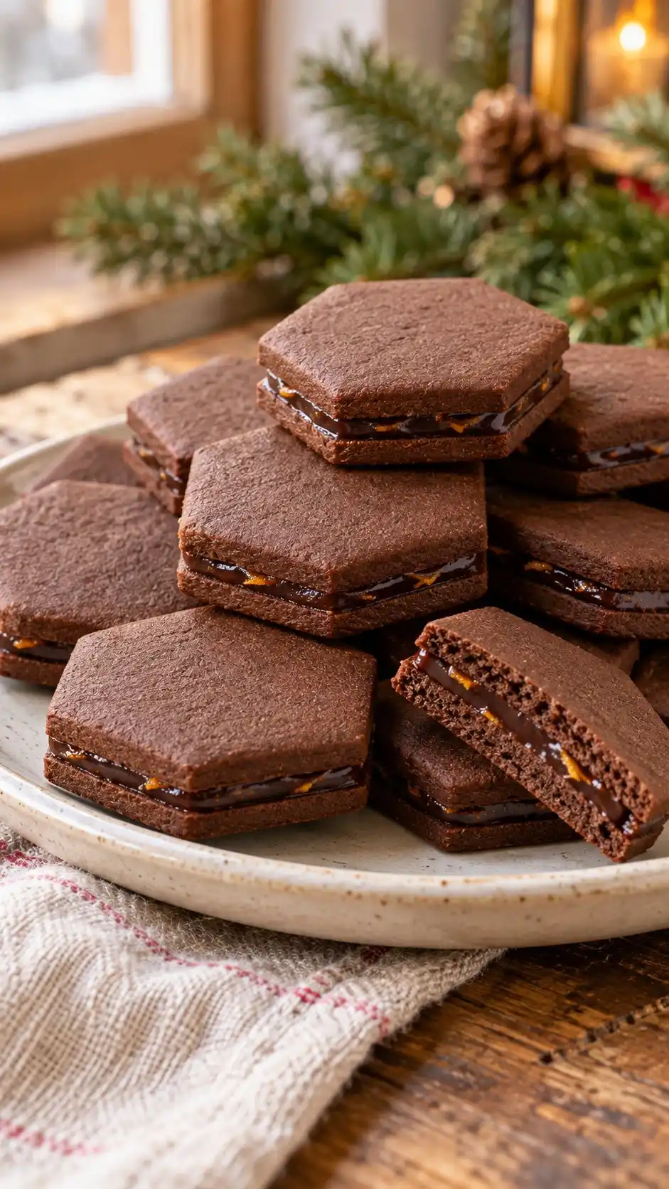 Flat cocoa hexagons joined with orange-scented dark-chocolate ganache, an Italian-style home sandwich variation.