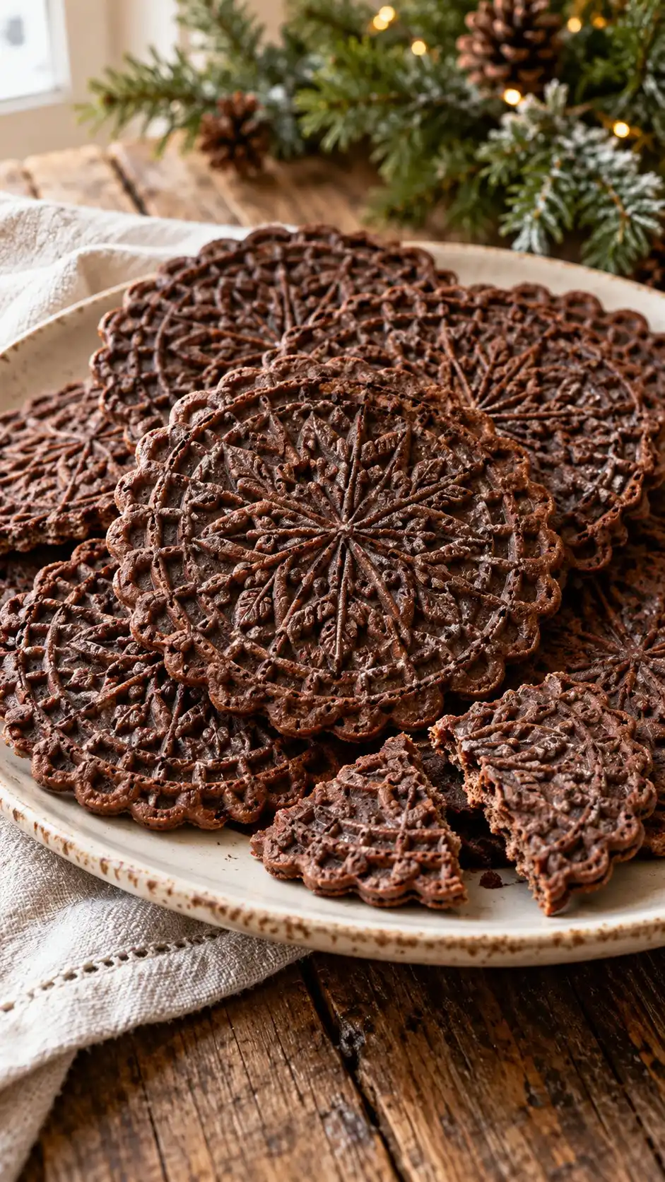 Thin cocoa wafers with a crisp patterned surface, a home adaptation of Abruzzese iron-baked ferratelle.