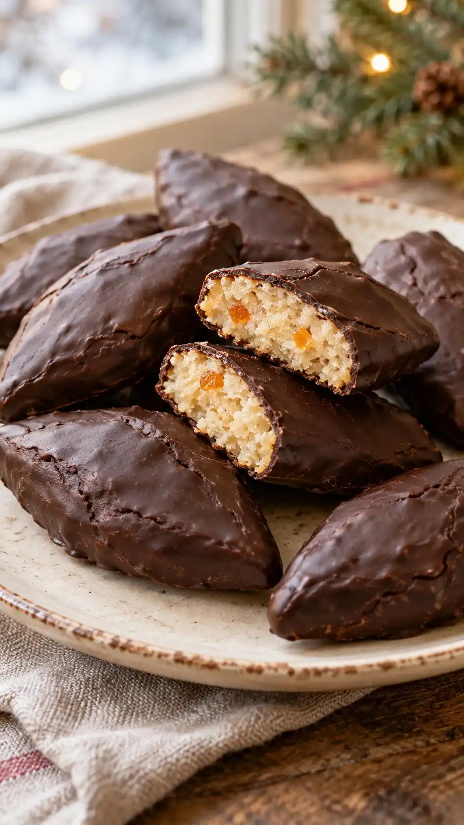 Flattened pointed almond ovals with candied orange, baked after an overnight rest and completely coated in dark chocolate; a home ricciarelli variation.