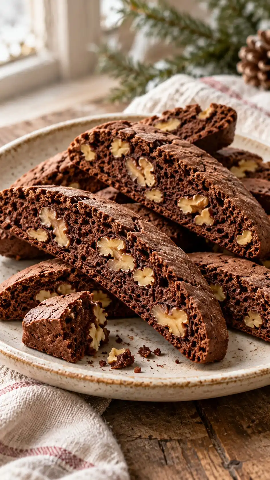 Italian-style twice-baked cocoa slices with visible walnut pieces and a dry crisp crumb.