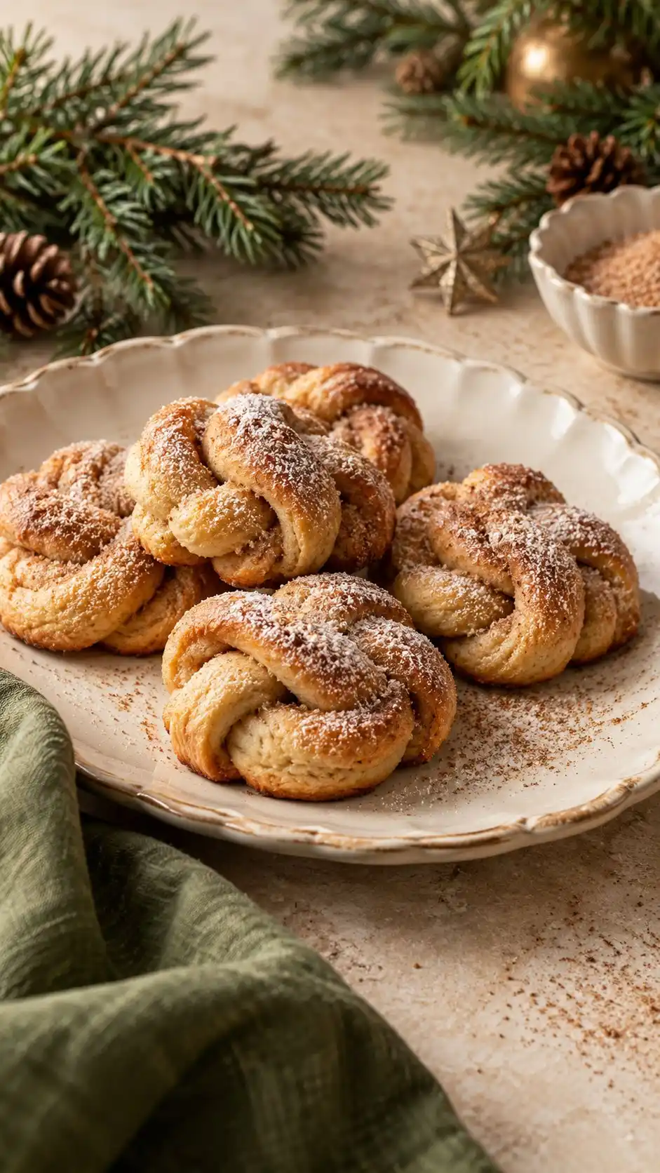 Tender knotted cookies with warm cinnamon and a light sugar coating.