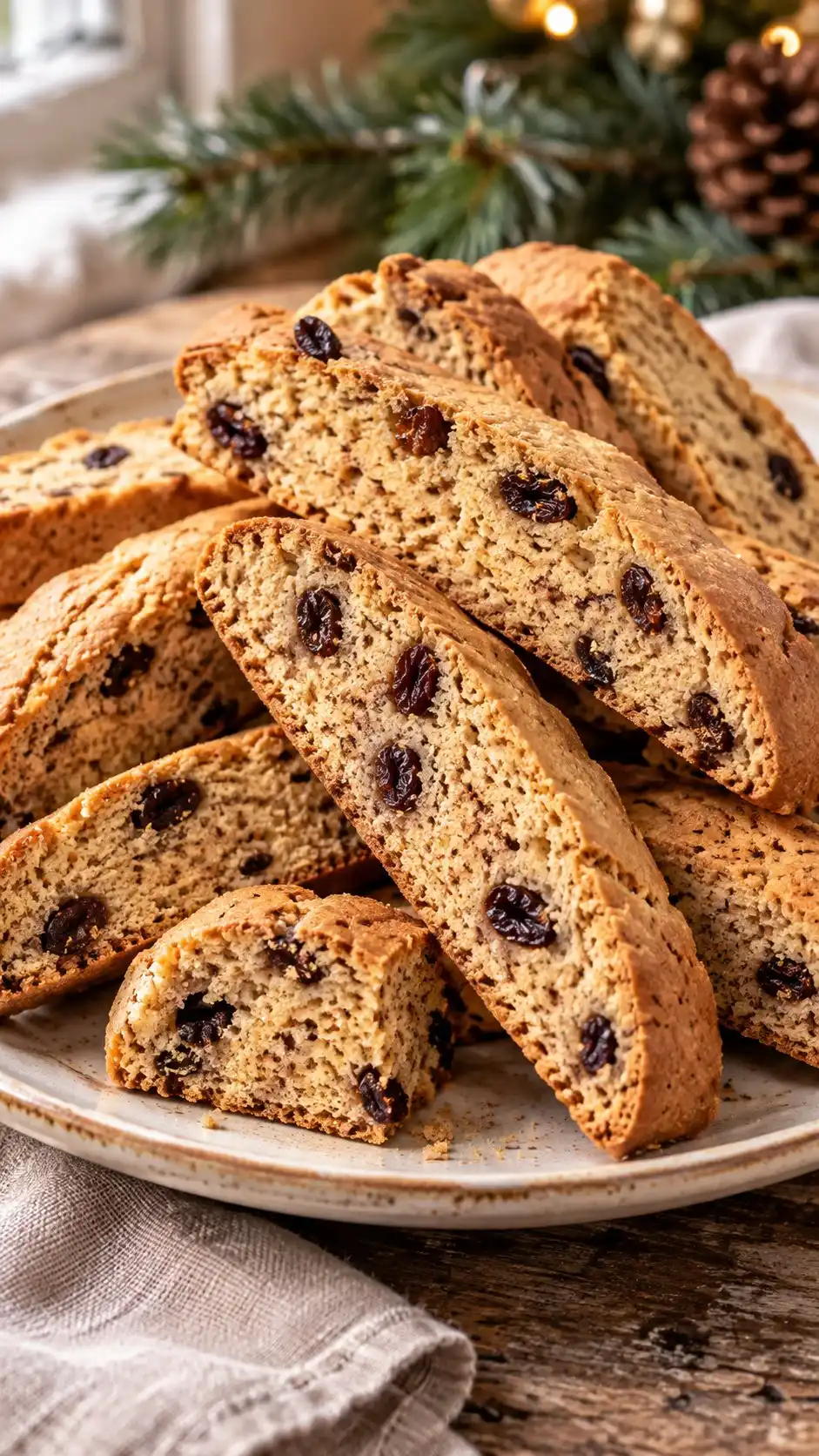 Warmly spiced biscotti with small dark raisins in a cinnamon-speckled crumb.
