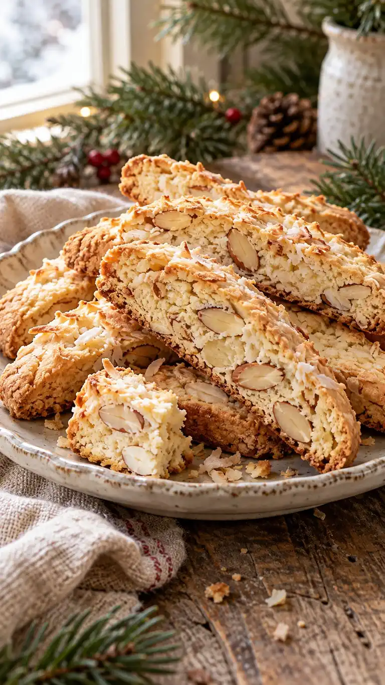 Golden biscotti with finely shredded coconut and sliced almonds in a crisp crumb.