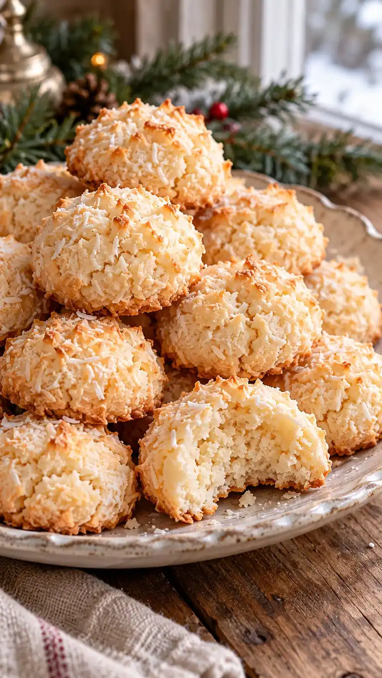 An almond-and-coconut home variation with softly rough domes, lightly toasted coconut edges and chewy centers.