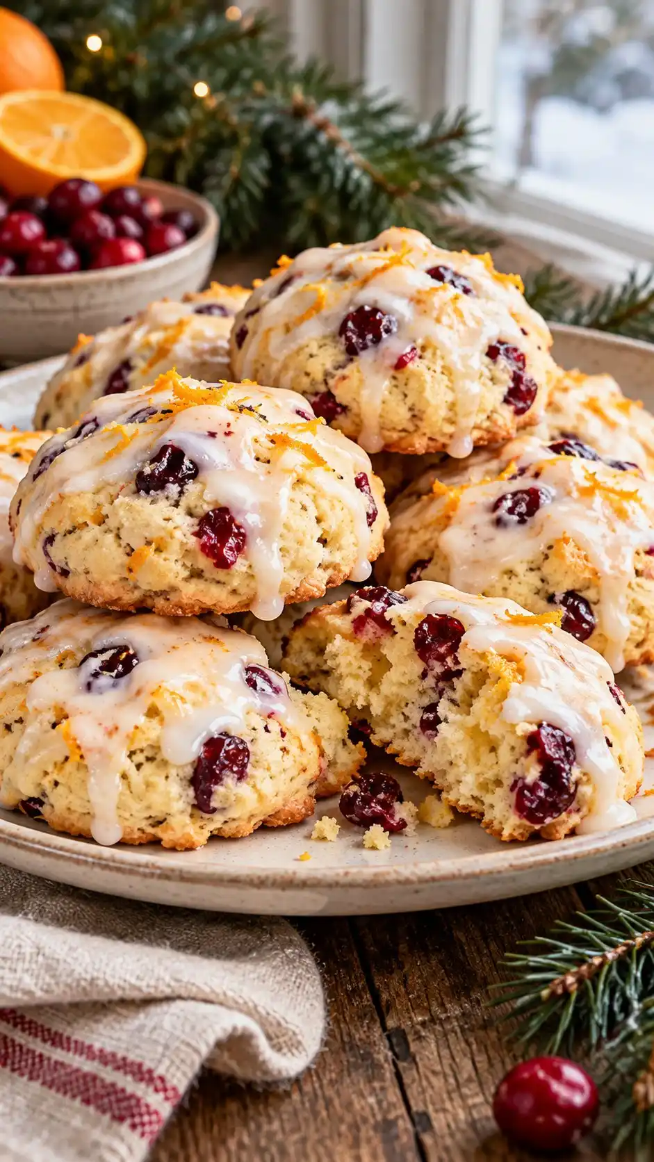 Soft ricotta cookies with dried cranberry flecks, orange zest and a light citrus glaze; a festive home adaptation.