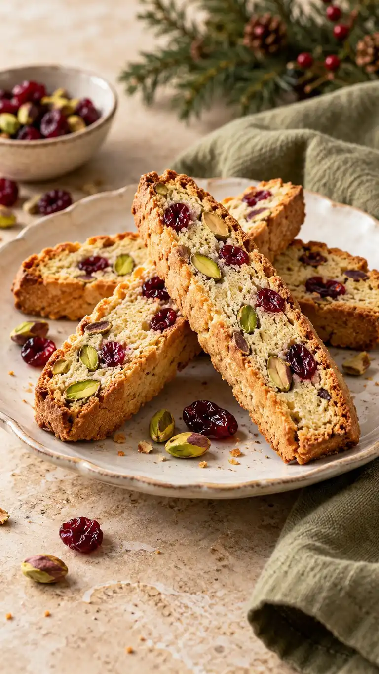 Crisp festive biscotti with green pistachios and tart red cranberries.