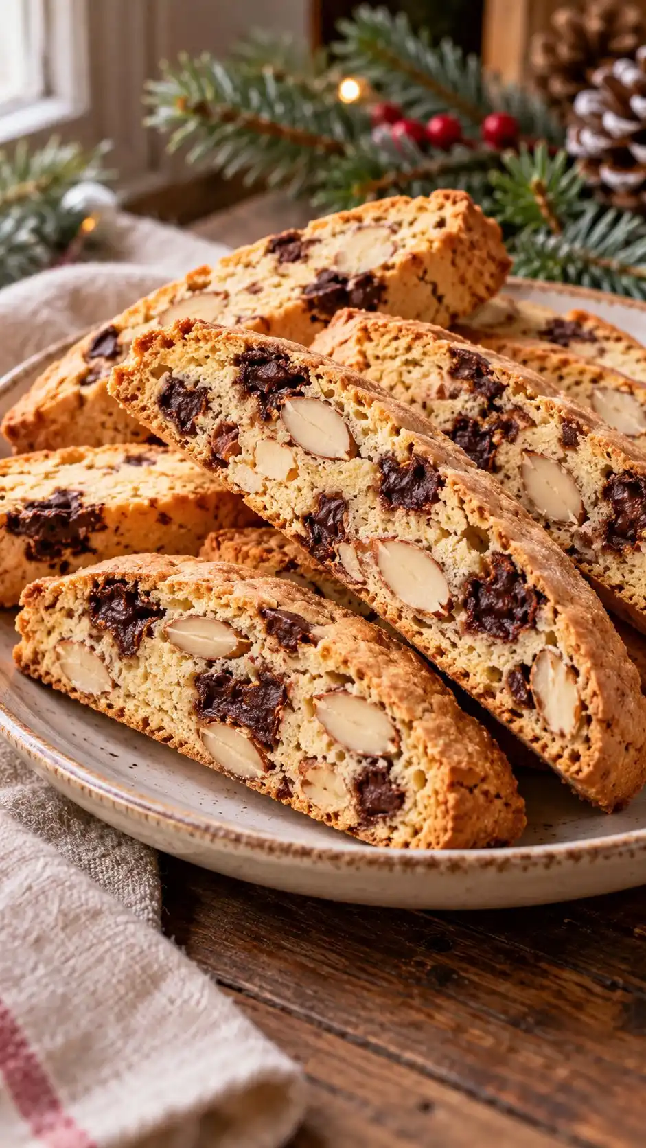 Pale golden almond biscotti with distinct pieces of 70% dark chocolate.