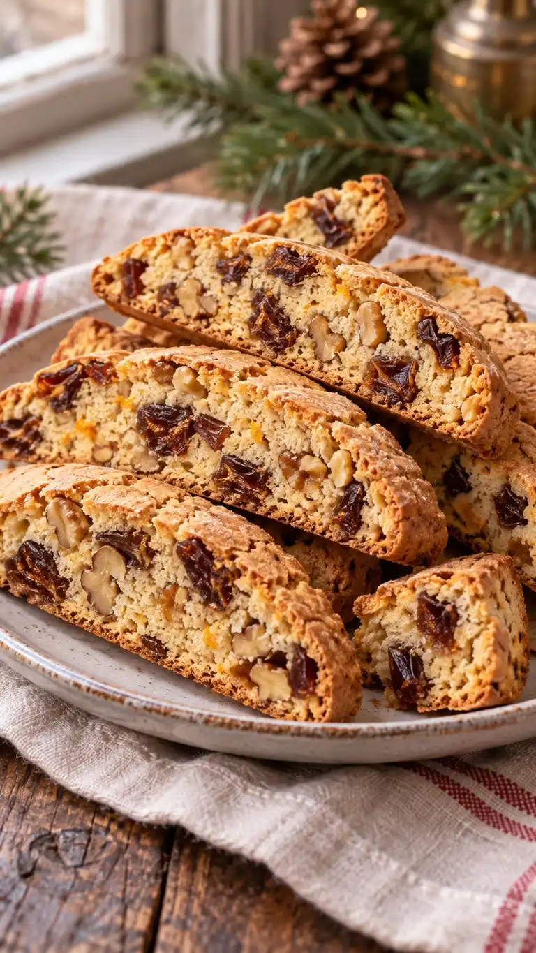 Italian-style biscotti with chopped dates, walnut pieces and a little orange zest.