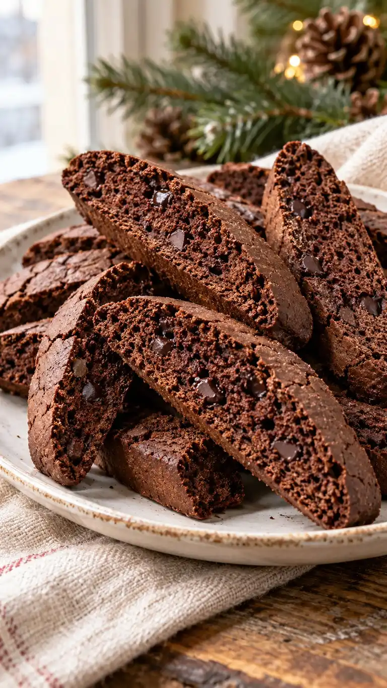 Dark cocoa biscotti with espresso flavor and small semisweet chocolate chips.