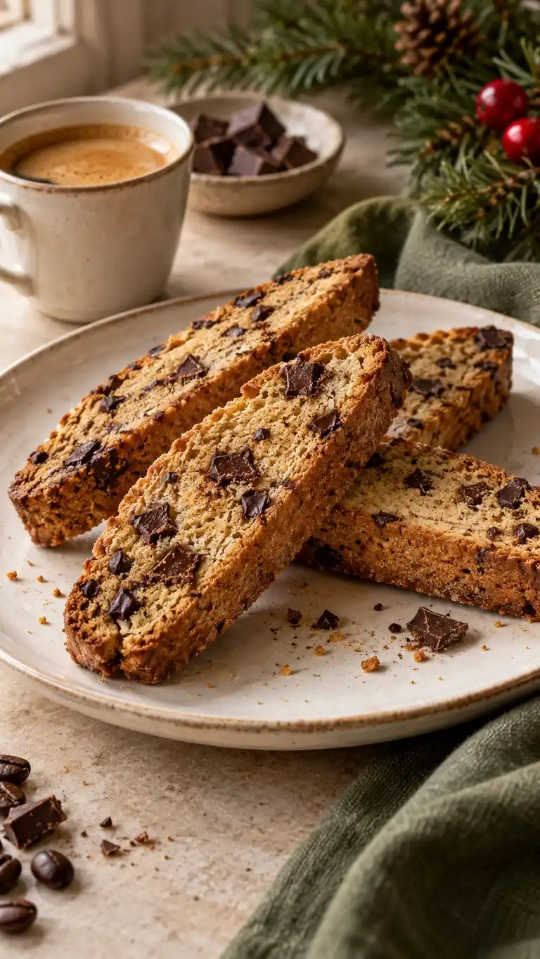 Coffee-scented biscotti with small dark chocolate pockets.